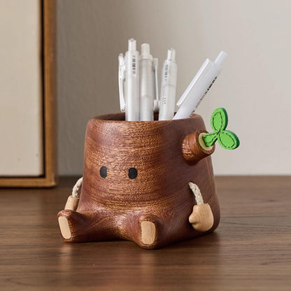 Stump Pen Holder – Cute Wooden Desk Organizer, Fairy Tale Tree Stump Pencil Cup for Stationery, Makeup Brushes, Dried Flowers, Solid Wood Desktop Decor Gift