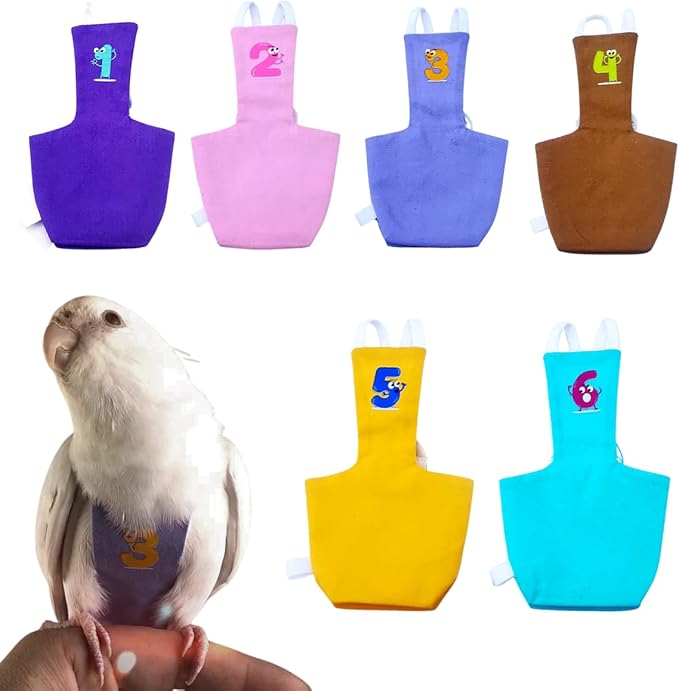 Bird Diaper Protective Parrot Nappy - 6 Pack, Reusable Flight Suit with Waterproof Inner Layer, Washable Cute Urine Wet Suit for Cockatiel Conure Macaw Lovebird (M)