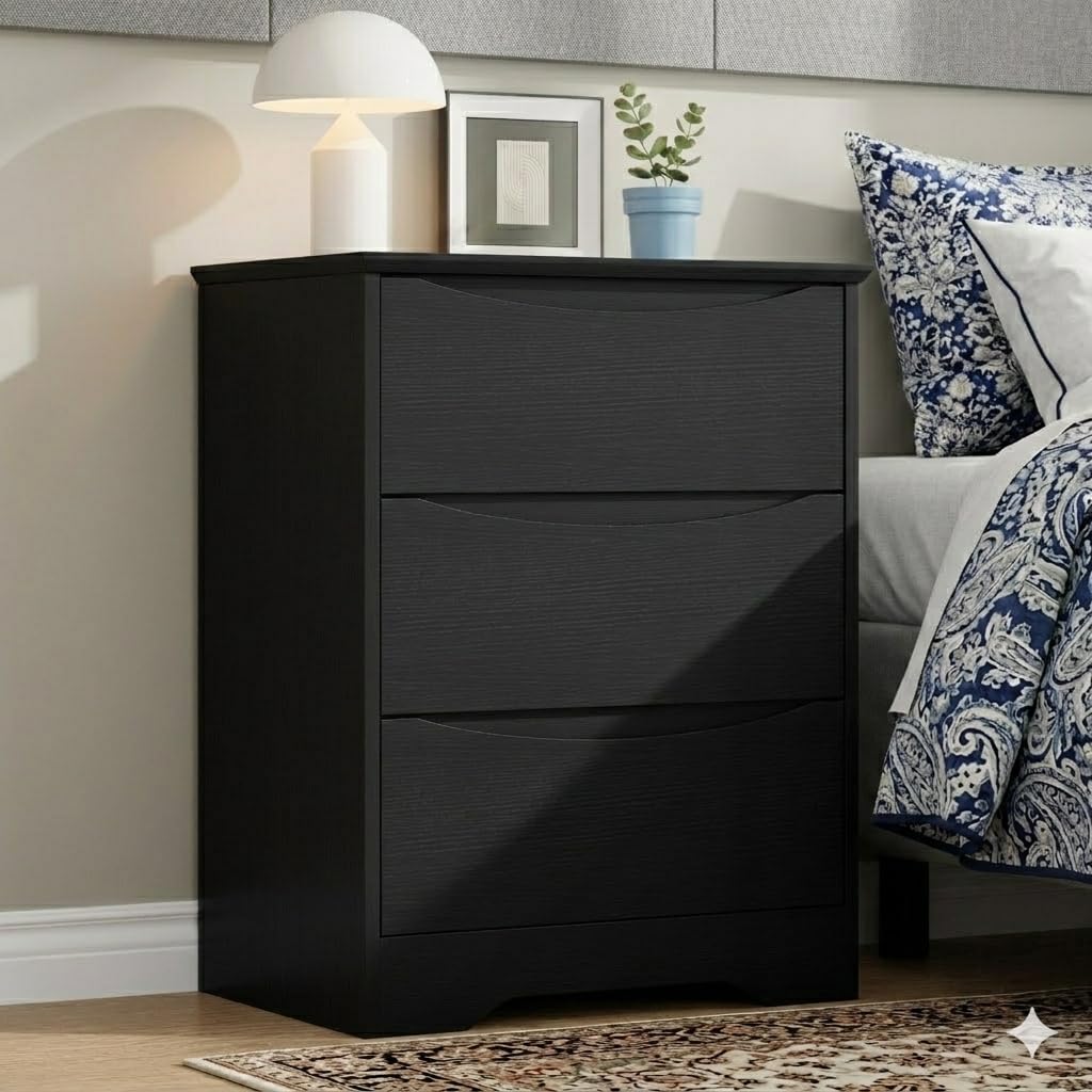 GarveeHome Wooden Dresser with 3 Drawers, Tall Modern Closet with Deep Storage, Large Chest of Drawers with Wide Top, Long Storage Dresser for Bedroom, Living Room, Hallway, Kids Room, Black