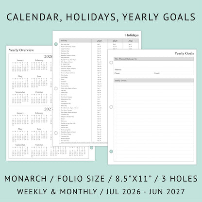 newestor 2026-2027 Weekly Planner Refills for 3-Ring Binder with Monthly Tabs, Jul 2026 - Jun 2027, 8-1/2" x 11", Folio Size 5 / Monarch