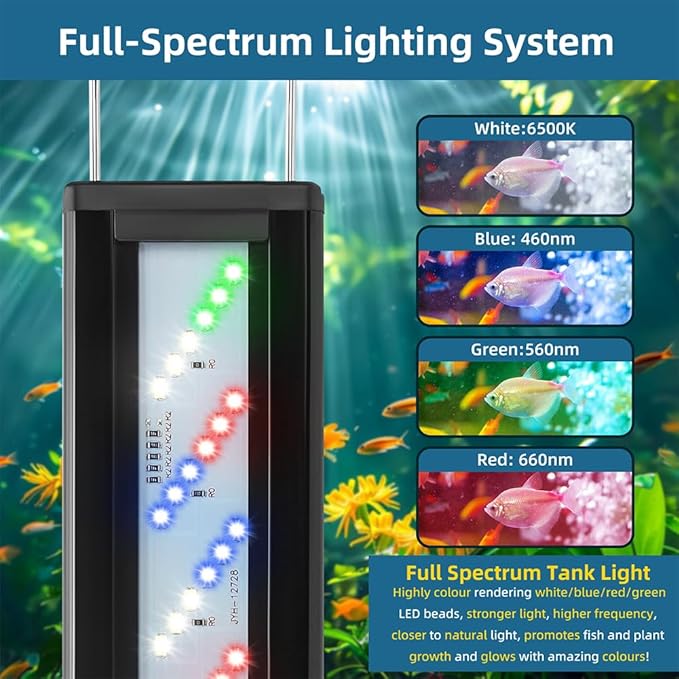 DaToo LED Aquarium Light Full Spectrum Fish Tank Light with Dimmer White Blue Red Green LEDs Fish Tank Light with Three Lighting Modes and Extendable Bracket for 12 Inch to 16 Inch Aquarium