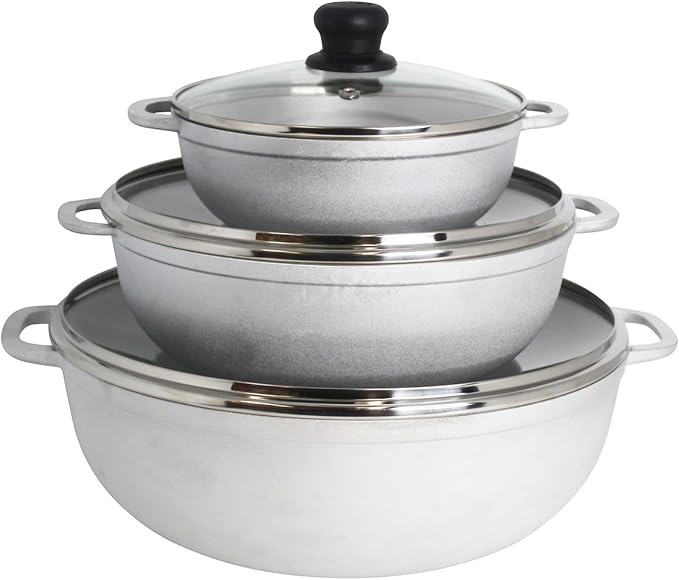 IMUSA Colombian 3 Piece Caldero Set with Glass Lids, Cast Aluminum Dutch Oven Pots, 1.5Qt 3.5Qt and 7Qt Traditional Hispanic Cookware for Rice, Beans, Soups, Stews, and Braised Meals