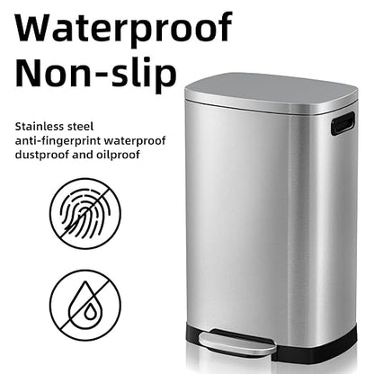 KdbK 13 Gallon Trash Can with Lid, 50L Fingerprint Proof Stainless Steel Kitchen Trash Can with Removable Inner Bucket and Lid Soft Close, Pedal Rubbish Bin for Home Office