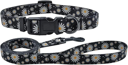Dog Collar Leash Set, Floral Pattern, Polyester Material, Adjustable Collar and 5ft Matching Leash, for Large Dogs.(L, Black Daisy)