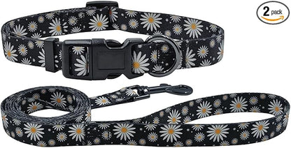 Dog Collar Leash Set, Floral Pattern, Polyester Material, Adjustable Collar and 5ft Matching Leash, for Small Dogs.(S, Black Daisy)