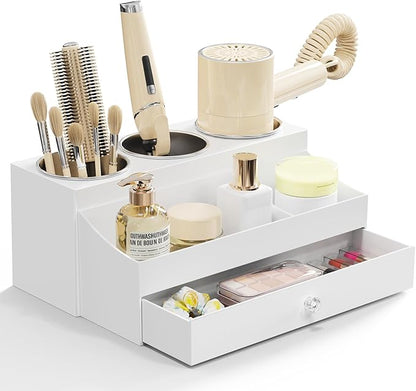 GFWARE Acrylic Hair Dryer Holder with Drawer, Bathroom Organizer Countertop Drawers with 3 Stainless Cups, Makeup Vanity Accessories, Hair Hot Tools Organizer, Toiletry, White
