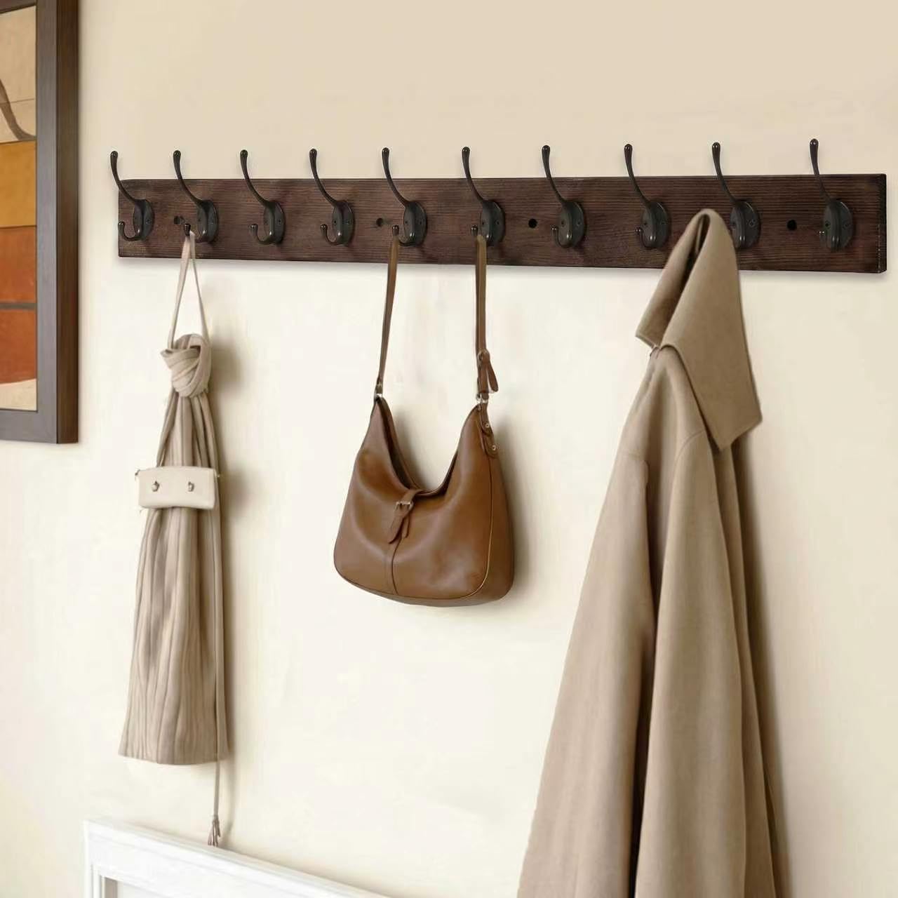 IBosins Wall Mounted Coat Rack,Vintage Wood Coat Rack, 34" Long with 10 Black Double Hooks Rail for Entryways, Bathrooms, Living Rooms to Hang Coat, Scarve, Hat,Key, Bag