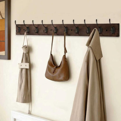 IBosins Wall Mounted Coat Rack,Vintage Wood Coat Rack, 34" Long with 10 Black Double Hooks Rail for Entryways, Bathrooms, Living Rooms to Hang Coat, Scarve, Hat,Key, Bag