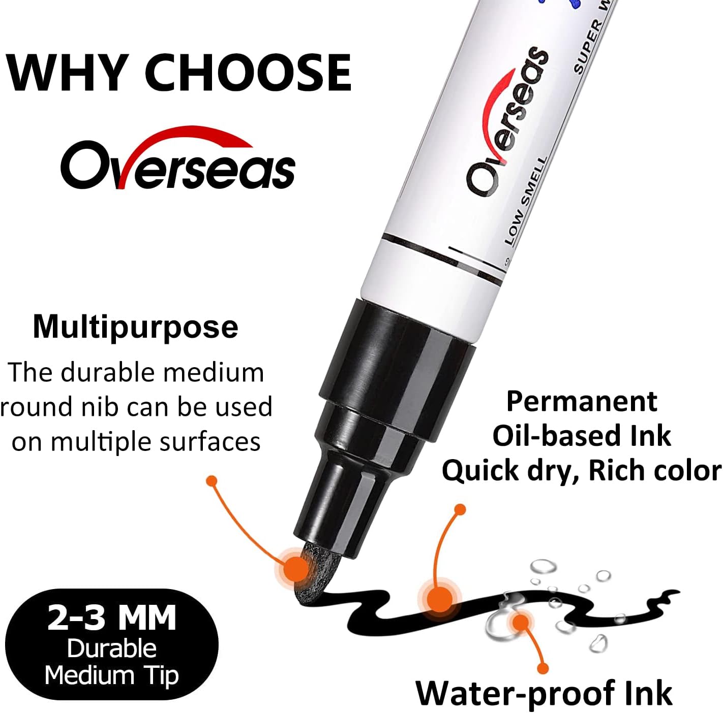 Overseas Permanent Paint Markers Pens - 3 Pack Blue Oil Based Paint Pens, Medium Tip, Quick Drying and Waterproof Marker Pen for Metal, Rock, Wood, Fabric, Plastic, Canvas, Mugs, Stone, Glass