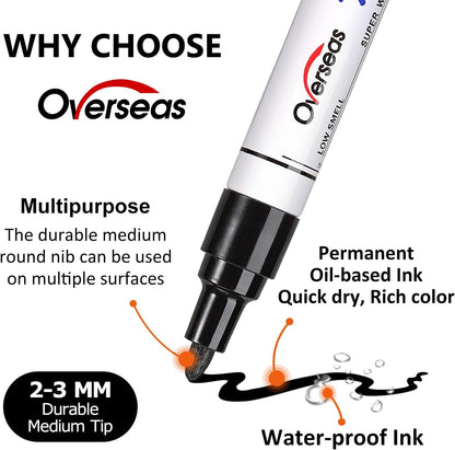 Overseas Permanent Paint Markers Pens - 3 Pack Blue Oil Based Paint Pens, Medium Tip, Quick Drying and Waterproof Marker Pen for Metal, Rock, Wood, Fabric, Plastic, Canvas, Mugs, Stone, Glass