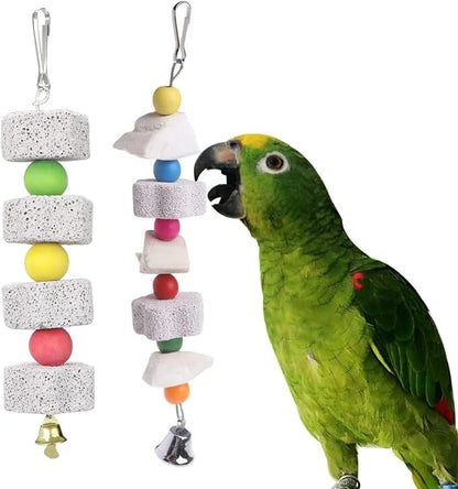 2Pcs Bird Beak Trim Cuttlebone Calcium Stone Lava Block Chew Toy Grinding Teeth Natural Minerals with Bell for African Greys Amazon Conure Eclectus Budgies Parakeet Cockatiel Hamster Chinchilla Rabbit