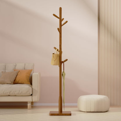 Awatiwa Solid Wood Square Base Coat Rack, Free Standing Hall Coat Tree with 8 Hooks（+2 spare for Coats, Hats, Bags, Purses, for Entryway, Hallway, Rubberwood Hooks,Base and Pole,(Square Base,Brown)
