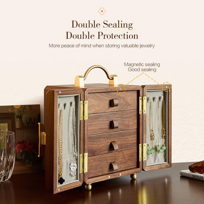 Wenseny Black Walnut Jewelry Organizer - Wooden Jewelry Box with Gold Handle & Mirrored Flowers, 4 Layers of Storage - Ideal for Women (Brown)