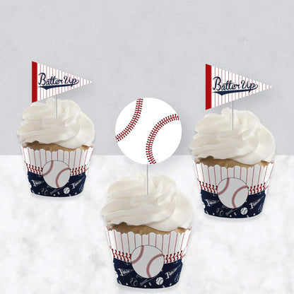 Big Dot of Happiness Batter Up - Baseball - Cupcake Decoration - Baby Shower or Birthday Party Wrappers and Treat Picks Kit - Set of 24