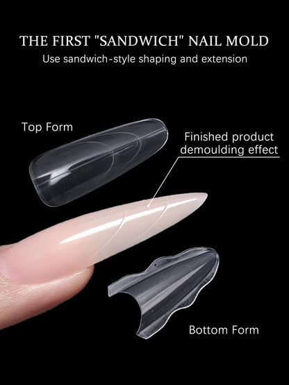 Klimonla Sandwich Dual Nail Forms Professional Sandwich Dual Forms-240Pcs Long Stiletto Nail Mold for Fast Extension,15 Sizes Reusable Salon Manicure Tools (240pcs F50s)