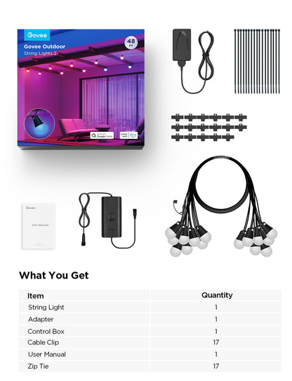 Govee Smart Outdoor String Lights 2, 144ft Outdoor Lights with Dimmable Warm White LED Bulbs, 47 Scene Modes for Patio, Backyard, Balcony, IP65 Waterproof, Works with Alexa, App Control