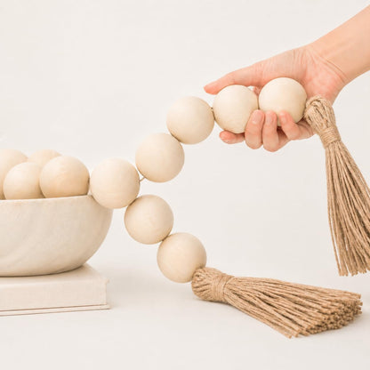OMISHE 50" Long Extra Large Wood Bead Garland with 1.6" Diameter Wooden Beads and Tassels, Rustic Farmhouse Country Decorative Beads for Home Decor Tiered Tray Decor, Natural Beige