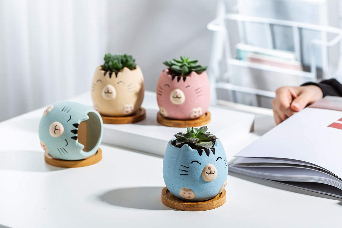 6Pack 3.4inch Small Ceramic Animal Planter Pots for Baby Succulent with Drainage and Bamboo Tray (Matte Cats)