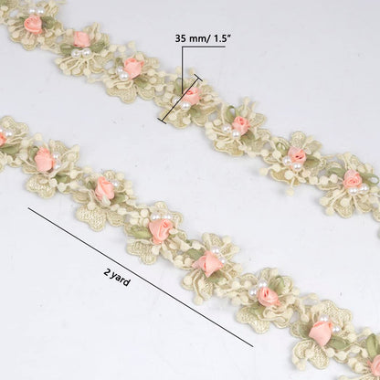 Kuasting 2 Yard Vintage Pearl Flower Ribbon Scallop Edge Trim Lace Fabric Sewing Lace Trim Handmade DIY Sewing Supplies for Dress Embellishment (Small Pearl lace)