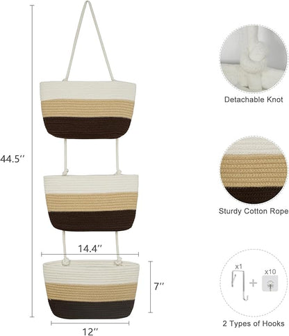 TeoKJ Over the Door Hanging Baskets, 3-Tier Woven Cotton Storage Organizer Bag
