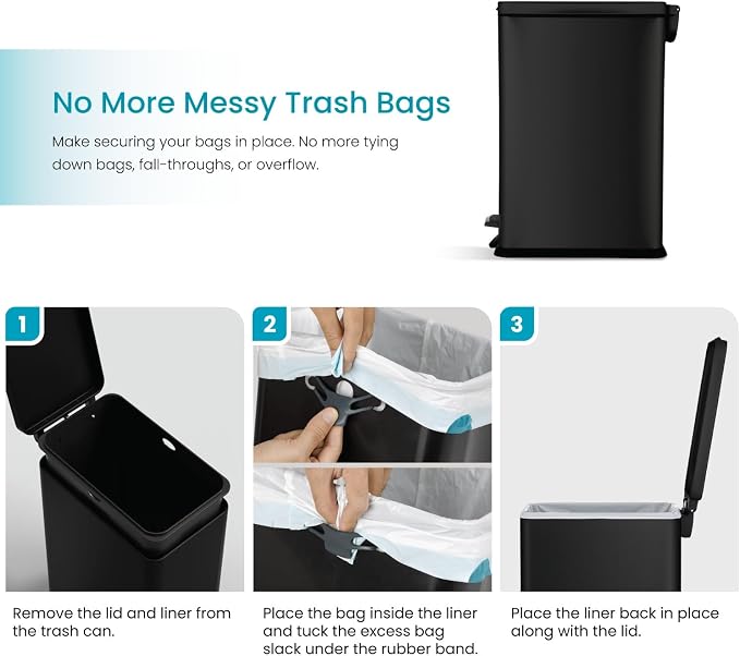Home Zone Living 8 Gallon Slim Kitchen Trash Can with Soft Close Lid, Step Pedal, Bag Tuck Band, and Removable Liner, Stainless Steel, Matte Black