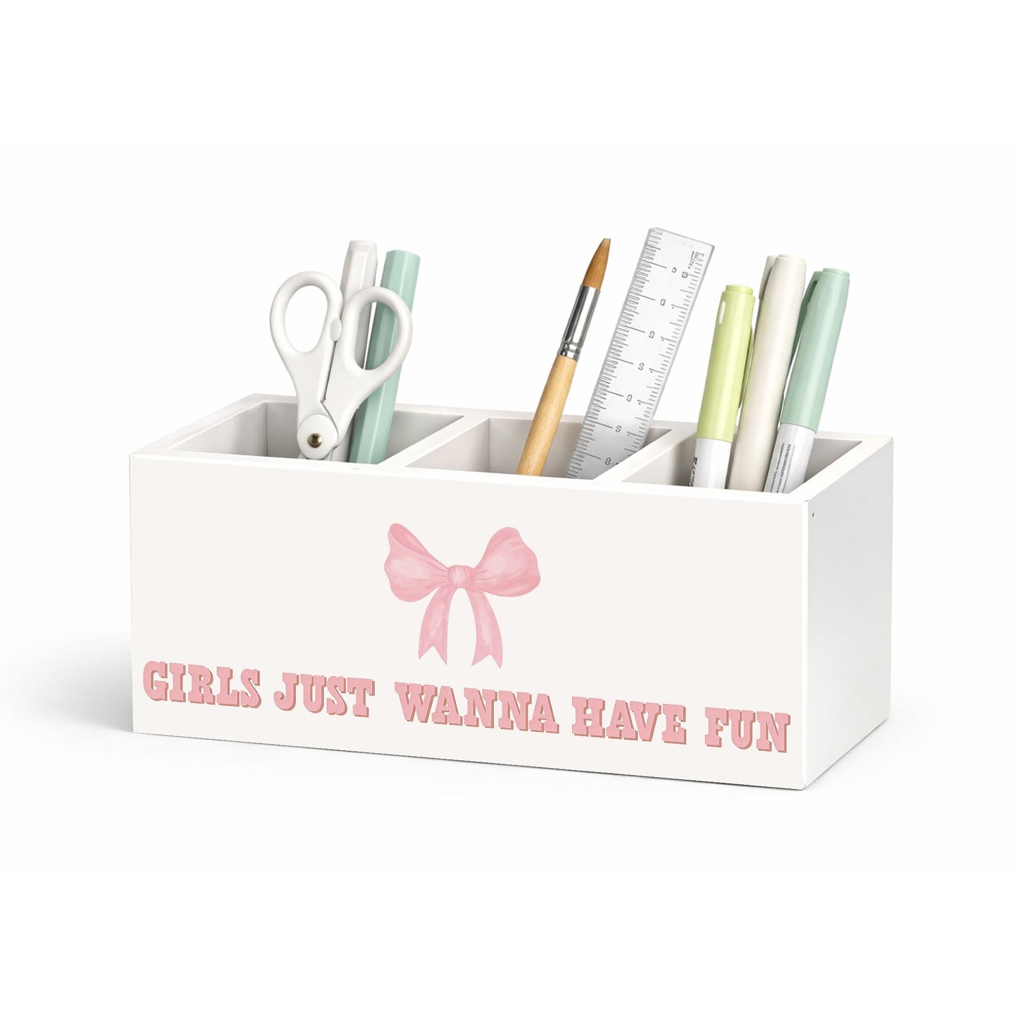 GGED Girls Just Wanna Have Fun Pen Holder, Pink Bow Wooden Desk Organizer, 3 Compartments Pencil Caddy for Office, Home, Classroom