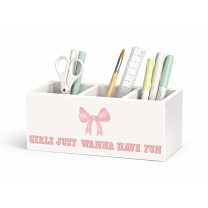 GGED Girls Just Wanna Have Fun Pen Holder, Pink Bow Wooden Desk Organizer, 3 Compartments Pencil Caddy for Office, Home, Classroom
