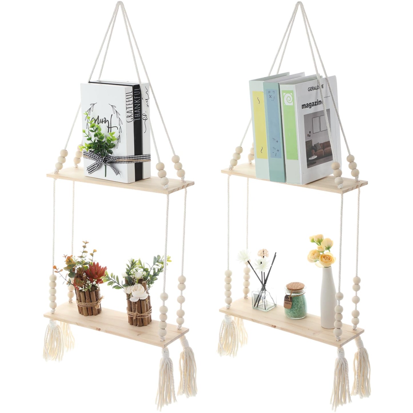 Chunful 2 Pack Macrame Wall Hanging Shelf 2-Tier Boho Wooden Display Floating Shelf Wooden Rustic Plant Rope Hanger Rack with Beads and Tassel for Wall Decor Bedroom Dorm Nursery Living Room Bathroom