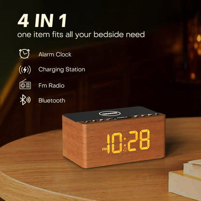 ANJANK Wooden Bluetooth Speaker, Alarm Clock with FM Radio, Qi Certified Fast Wireless Charging Station for iPhone/Samsung, USB Charger Port, Dimmable Display, Digital Wood Clock for Bedroom, Bedside