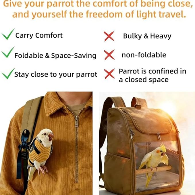 Bird Travel Carrier, Portable Bird Bag with Escape Resistant Outdoor Harness Vest for Small Medium Parrots, Cockatiel, Budgie, Ideal for Travel and Outdoor Adventures (S) (7cm)