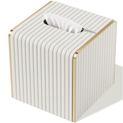 Tissue Box Cover,White Square Leather Tissue Box Holders with Gold-Tone Edging Decoration, Tissue Vessel for Bathroom Toilet Bedroom Living Room Table Desk Office,Modern Home Decor