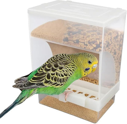 Old Tjikko No Mess Bird Feeder for Cage, Automatic Acrylic Seed Container with Large Hook, Install-Free Parrot Feeder for Budgerigar, Canary, Cockatiel, Parakeet, Finch