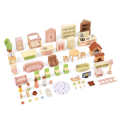 OOOK Wooden Dollhouse with 60 Pcs Luxurious Furniture Accessories, Including 4 Dolls and 2 Pets, Large 3-Story Doll House with 6 Rooms, Doll House for 3 Year Old