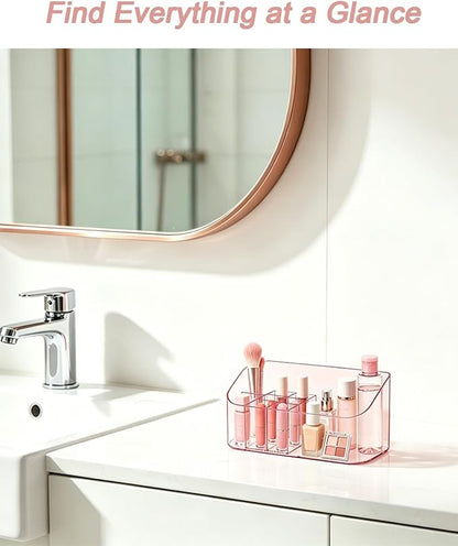 Makeup Tray Holder Organizer Cosmetic Display Case Tabletop Desktop Vanity Countertop Bathroom Wall Cabinet Medicine Storage Box 9 Dividers 2 Removable Women Ladies Girls Gifts Crystal Pink 1 PACK