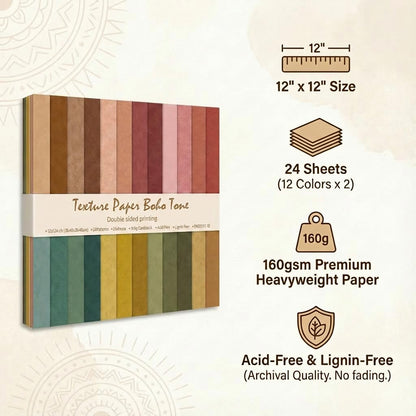 Scrapbook Paper 12x12, 24 Sheets Double-Sided Decorative Patterned, Acid-Free & Lignin-Free Scrap Book Paper for Scrapbooking, Junk Journal, Photo Album, DIY (B-Boho)