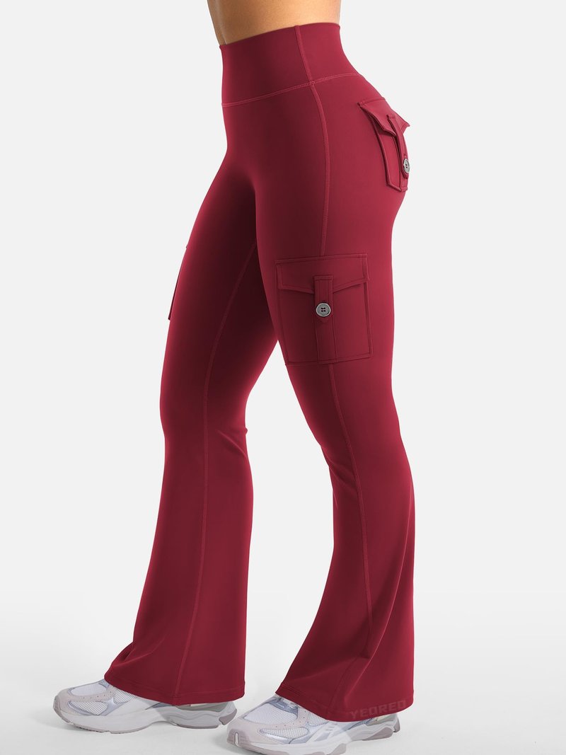 YEOREO CoreFlex Women Workout Flare Leggings with Pockets Hidden Scrunch High Waisted Cargo Gym Yoga No Front Seam Leggings (Wine, Medium, 30" Inseam)