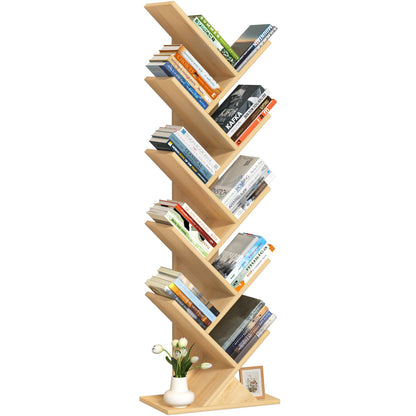 SHEEPAM 10 Tier Tree Book Shelf, Floor Standing Wood Bookshelf for Narrow Space, Storage Organizer Bookshelves for Books/CDs/Magazine, Bookcase with Shelves for Home Office, Living Room - Natural