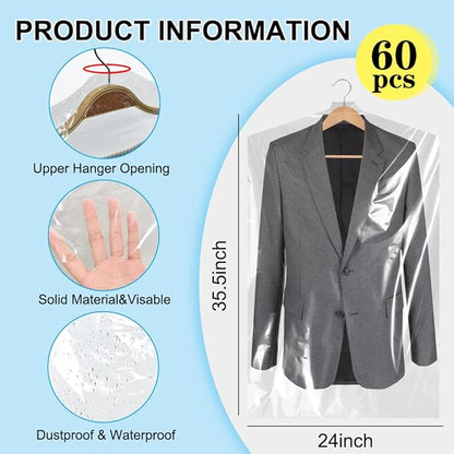 BEISHIDA 60PCS 35.5 Inch Plastic Garment Bag-Plastic Clear Dry Cleaner Laundry
