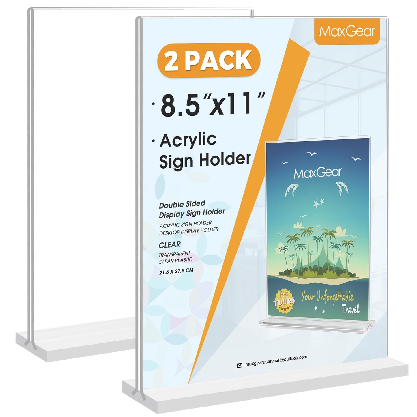 MaxGear Acrylic Sign Holder 8.5x11 Inches 2 Pack, Double Sided Clear Display Stand Table Top Paper Holder, Vertical Menu Flyer Stand, Plastic Frame for Stores, Restaurants, Hotels, Office
