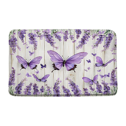 Lavender Butterfly Bath Mat Purple Flower Rustic Flowers Spring Violet Floral Watercolor Farmhouse Wooden Plank Women Bathroom Rugs Indoor Carpet Bathtub Rug 17.7 x 29.5 Inch