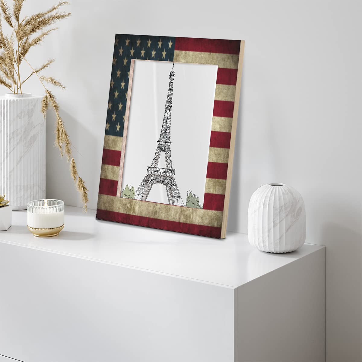 FengQuGou 4 x 6 in Picture Frame America Usa Flag, Rustic Solid Wood With Mat Wooden Photo Frames, Photo Frames for Wall Mounting or Standing Table Top Family Baby Grandma Office Hotel Decoration
