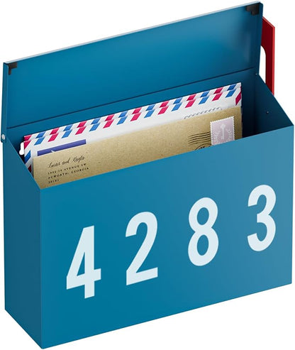 LAND·VOI Wall-Mount Mailbox with One Flag Kit and Three Sets of 0-9 Mailbox Number Stickers, Mailboxes for Outside, Galvanized Steel Rust-Proof Metal Post Box, 4.33" Dx14.2 Wx10.43 H, Blue