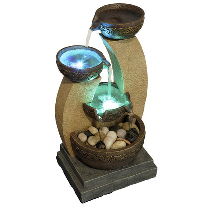 11" H Golden Tiered Bowl Fountain with Color Changing LED Lights with Adapter Brown
