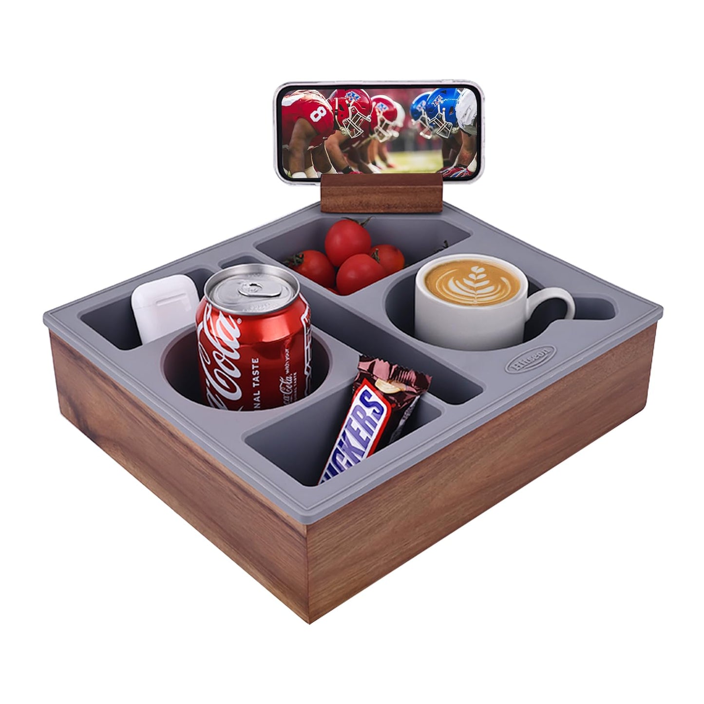 Couch Cup Holder,Hitseon Upgrade Silicone Acacia Wooden Cup Caddy with Cup Holder for Car Back Seat,Couch Console Caddy for Snack Drink Remote Control Grey