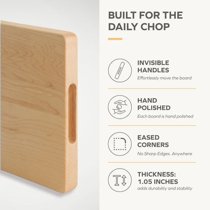 Vandroop Hard Maple Cutting Board for Kitchen 16”X10” – 1.1” Thick, Reversible Wood Cutting Boards with Invisible Inner Handle, Eased Corners, Wooden Chopping Board