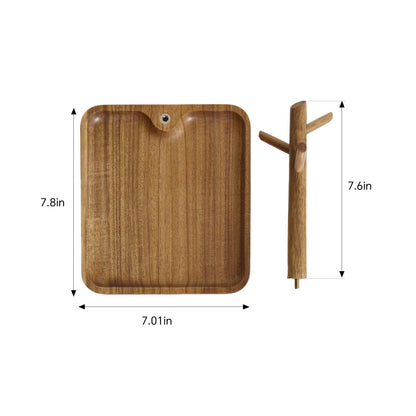 THFLSTR Solid Acacia Wood Key Tray and Bowl for Entryway Table - Jewelry Tray With 3 Hooks, Open Storage for Wallet, Glasses, Watches, Lipstick (Acacia, Square)