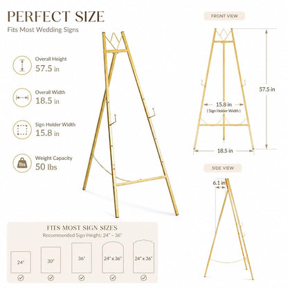 57.5" Gold Easel Stand for Wedding Sign, Heavy Duty Metal Display Stand, 4-Tier Height Adjustable Easel for Art, Paintings, Welcome Signs, Posters, and Décor, Simply Assembly Required
