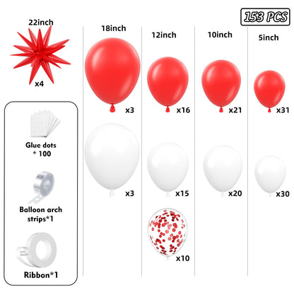 PTGOLUO Red and White Balloon Garland Arch kit 153pcs with Star - 22 18 12 10 5in Different Size Red White Confetti Latex Balloons for Christmas Wedding Valentine's Day Birthday Party Decorations