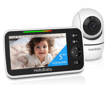 HelloBaby No WiFi Baby Monitor 5" Screen 30-Hour Battery Pan-Tilt-Zoom Video Upgrade with Camera and Audio, Night Vision, VOX, 2-Way Talk, 8 Lullabies and 1000ft Range
