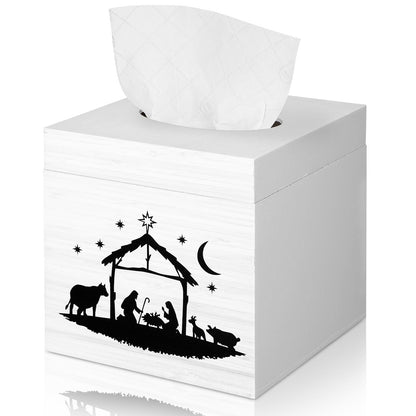 Yookeer Christmas Nativity Tissue Box Cover Square Wooden Decorative Tissue Box Holder Cube Organizer for Home Tabletop Night Stands Bathroom Kitchen Car Desk Office Decor, 5.9 x 5.9 x 5.9 Inches